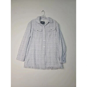 7 For All Mankind White Blue Plaid Long Sleeve Fringe Plaid Jacket Medium